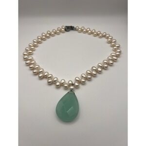 Pearl And Green Aqua Crystal Faux Statement Necklace